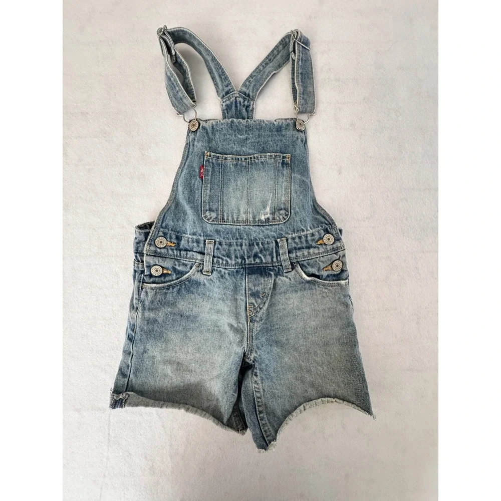 Levis Kids Denim Shortalls Medium Wash Distressed‎ Overalls Size 8 Reg 4538-L10